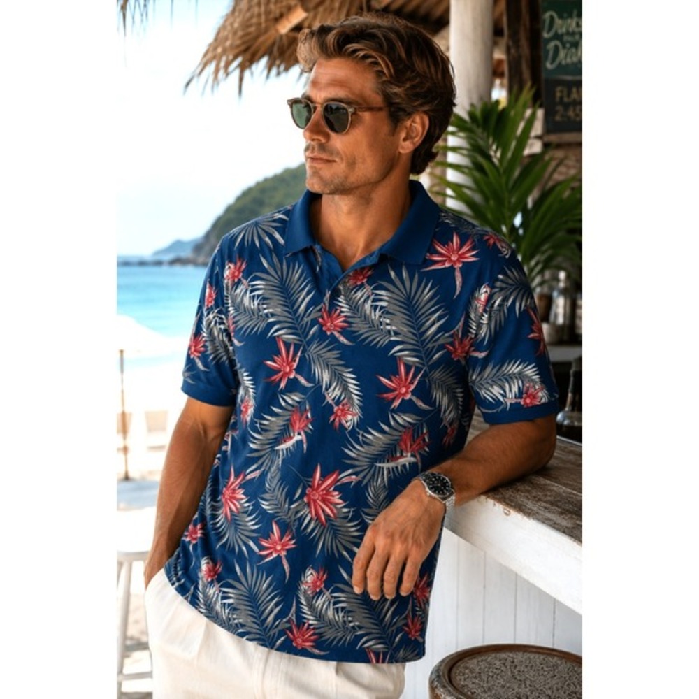 Tasso Elba Island Hawaiian Tropical Polo Shirt Men XL Blue Coastal Resortwear